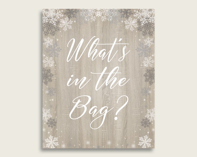 Snowflake Rustic Baby Shower What's In The Bag Game, White Beige Gender Neutral Bag Game Printable, Instant Download, Farmhouse Wood bsf01 image 2