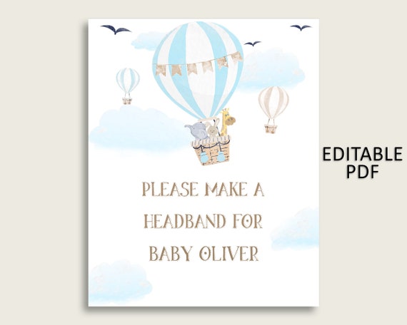 Hot Air Balloon Baby Shower Headband Sign, Blue White Headband Station Sign Editable, Boy Shower Headband For Baby, Instant Download, CSXIS Il_570xn