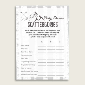 Scattergories Baby Douche Avontuur Berg Thema, Grijs Wit Scattergories Spel Afdrukbaar, Jongen Baby Douche Leuke Activiteit, Begint S67CJ