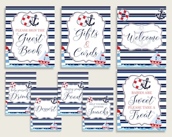 Letreros de mesa de niño de baby shower náutico imprimibles, decoración de mesa de fiesta azul roja, favores, comida, bebida, golosina, libro de visitas, descarga instantánea, DHTQT