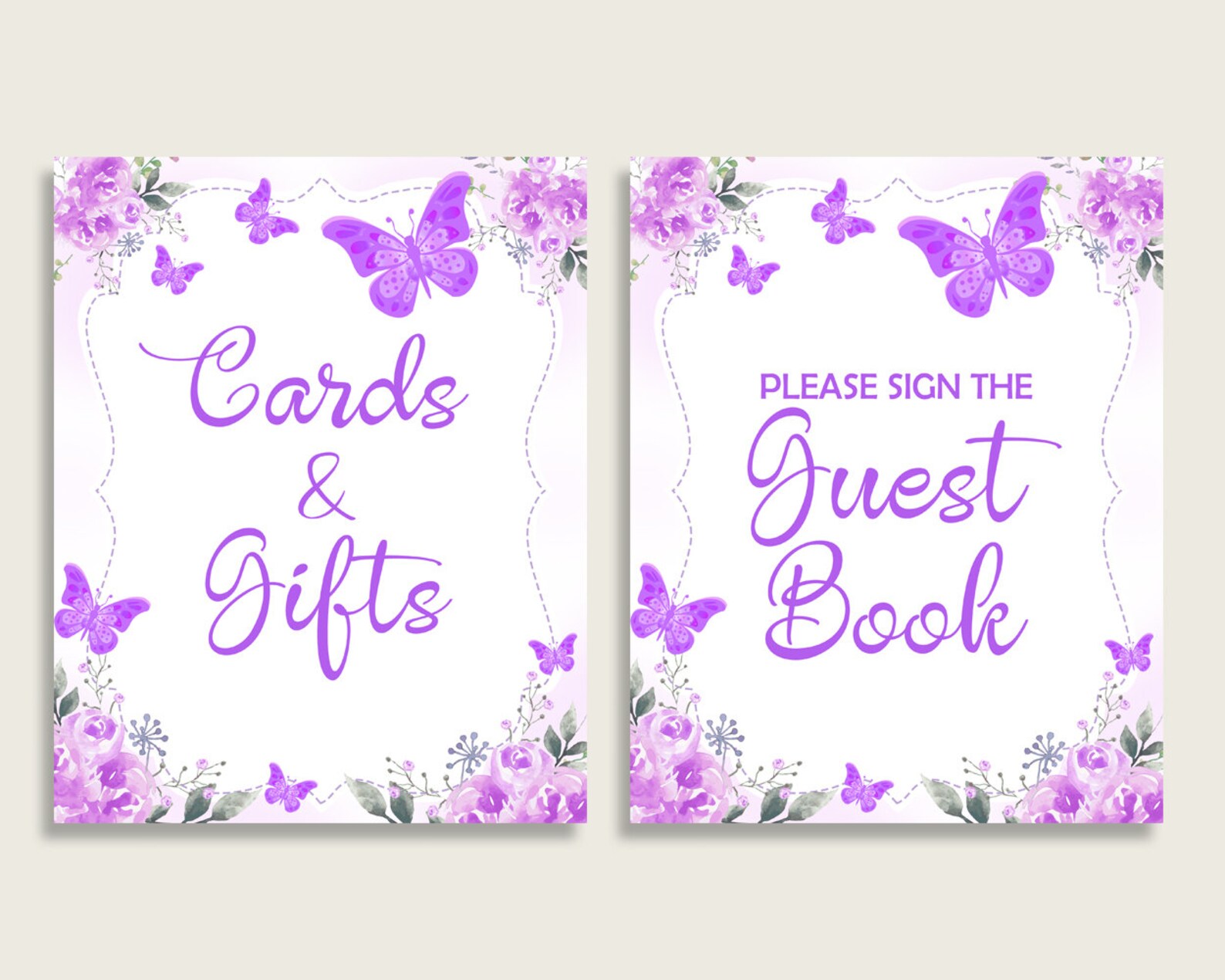 Butterfly Baby Shower Girl Table Signs Printable, Purple White Party ...