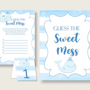 Whale Guessing Game Baby Shower Boy, Blue White Guess The Sweet Mess Game Printable, Dirty Diaper Game, Instant Download, Nautical Sea wbl01