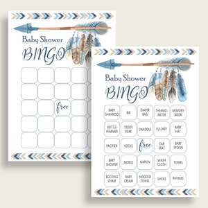 Tribal Arrows Baby Shower Bingo Cards Stampabile, Blue Beige Baby Shower Boy, 60 Carte da gioco Bingo preriempite, Boho Arrow QAQ18