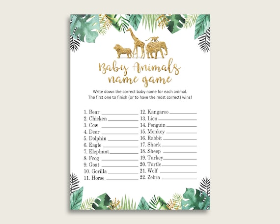 Jungle Name the Baby Animals Game Printable Gold Green Baby - Etsy Australia Jungle Name the Baby Animals Game Printable Gold Green Baby - Etsy Australia