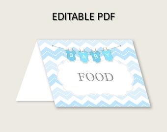 Chevron Folded Food Tent Cards Printable, Blue White Editable Pdf Buffet Labels, Boy Baby Shower Food Place Cards, Instant Download, cbl01