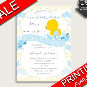 Rubber Duck Baby Shower Invitations Printable, Digital Or Printed Invitation Baby Shower Boy, Editable Invitation Yellow Blue Rubber rd002