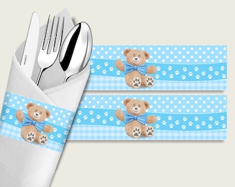 Anillos de servilleta de ducha de bebé de oso de peluche imprimibles, envoltorios de servilleta marrón azul, envoltura de utensilios de ducha de niño, descarga instantánea, pajarita tb001