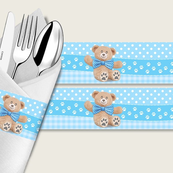 Teddy Bear Baby Shower Napkin Rings Printable, Blue Brown Napkin Wrappers, Boy Shower Utensils Wrap, Instant Download, Bow Tie tb001