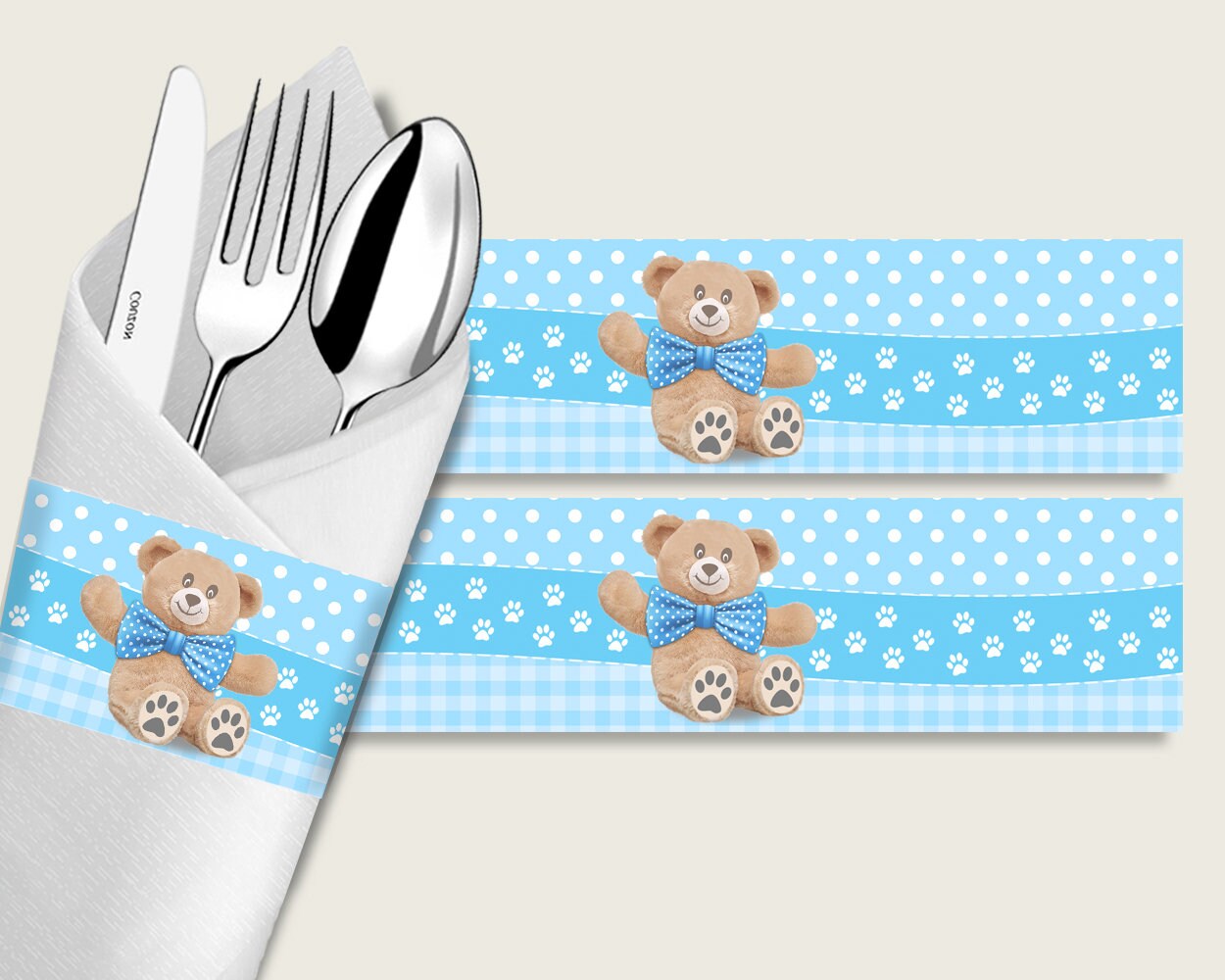 Teddy Bear Baby Shower Napkin Rings Printable Blue Brown Napkin Wrappers Boy Shower Utensils Wrap Instant Download Bow Tie