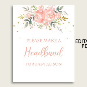 Peach Floral Baby Shower Headband Sign, Pink Gold Headband Station Sign Editable, Girl Shower Headband For Baby, Instant Download, 1W00B