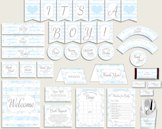Silver Blue Baby Shower Decorations Boy Kit, Winter Baby Shower Party Package Printable, Instant Download, Stripes Snowflakes bs003 Il_570xn