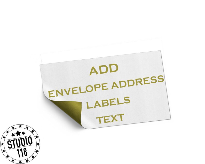 May include: White paper with the text "ADD ENVELOPE ADDRESS LABELS TEXT" in gold lettering. The paper is folded over to reveal a gold background.