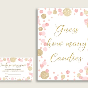 Gioco di indovinare caramelle in oro rosa, cartello e carte per bambina con puntini, indovina quante caramelle, gioco di barattoli di caramelle, gelatine, RUK83 istantaneo