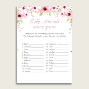 Flower Blush Name The Baby Animals Game Printable, Pink Green Baby Shower Animal Game, Girl Baby Shower, Instant Download, VH1KL