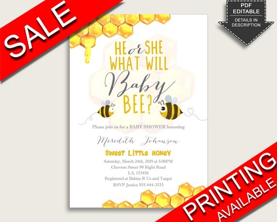 Bee Baby Shower Invitations Printable, Digital Or Printed Invitation Baby Shower Gender Neutral, Editable Invitation Yellow White bee01 Il_570xn