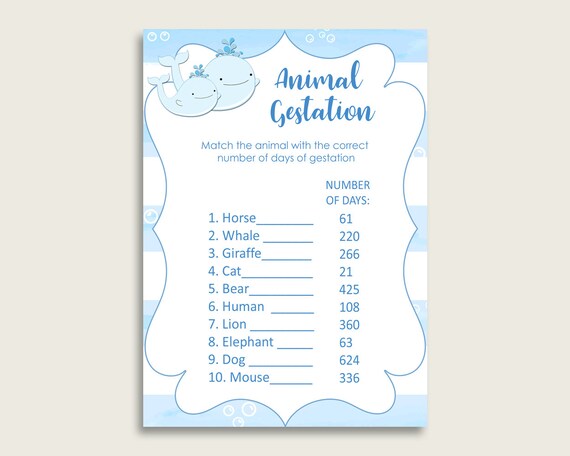 Whale Animal Pregnancy Gestation Game Blue White Baby Shower Boy