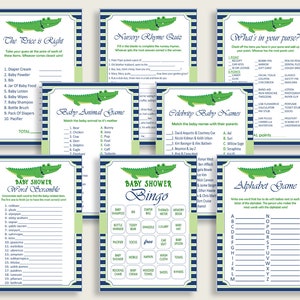 Alligator Baby Shower Games Printable Pack, Blue Green Baby Shower Games Package Boy, Alligator Games Bundle Set, Instant Download ap002 image 1