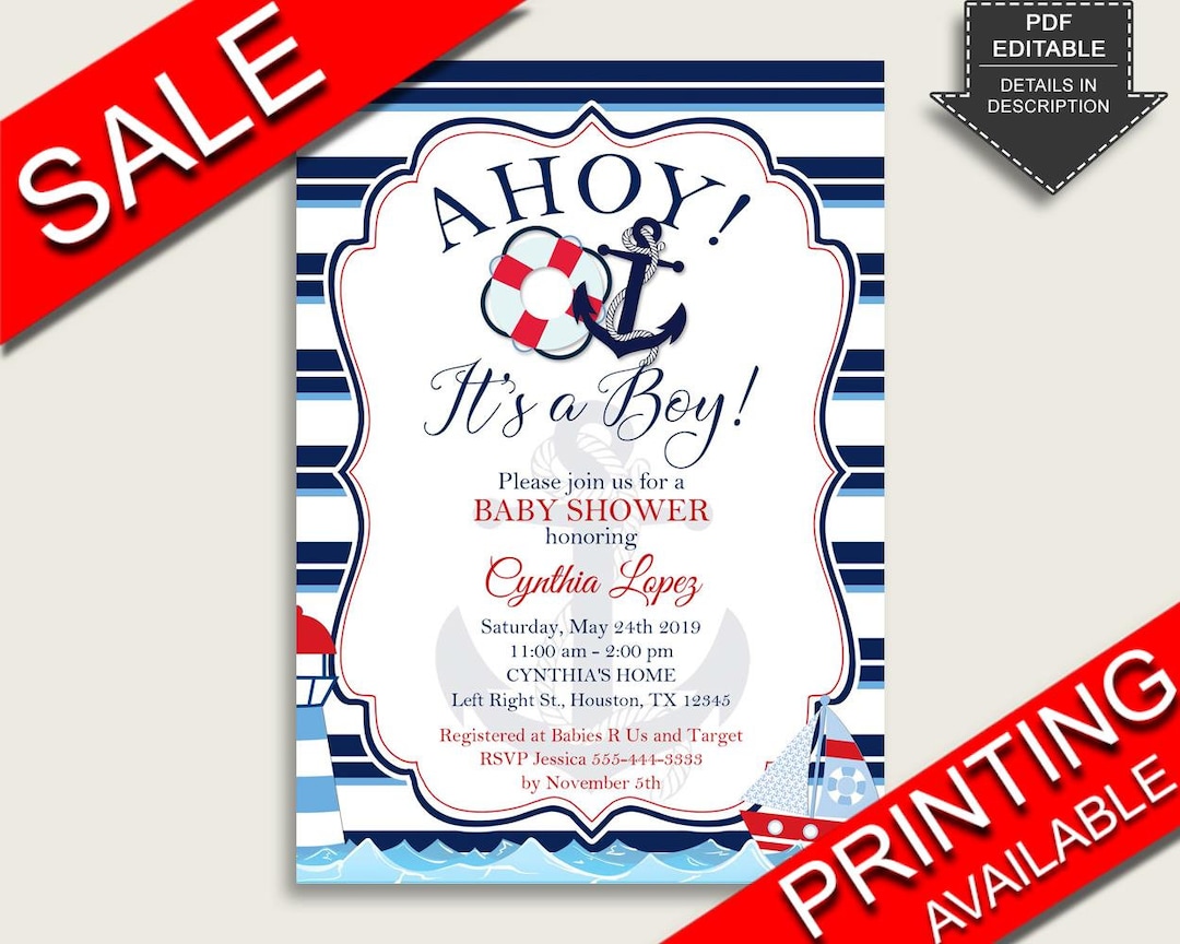 Nautical Baby Shower Invitations Printable, Digital or Printed ...