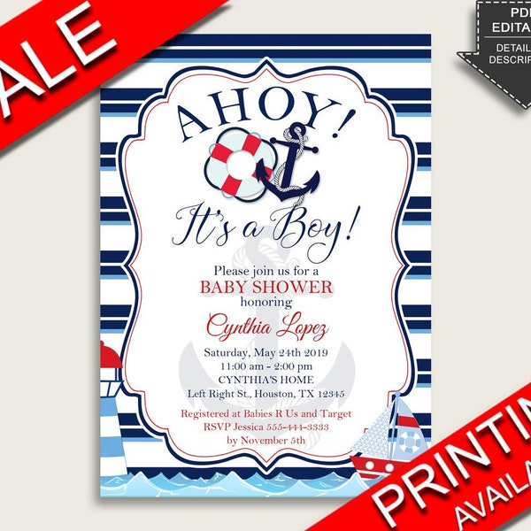 Nautical Baby Shower Invitations Printable, Digital Or Printed Invitation Baby Shower Boy, Editable Invitation Blue Red Navy Blue DHTQT