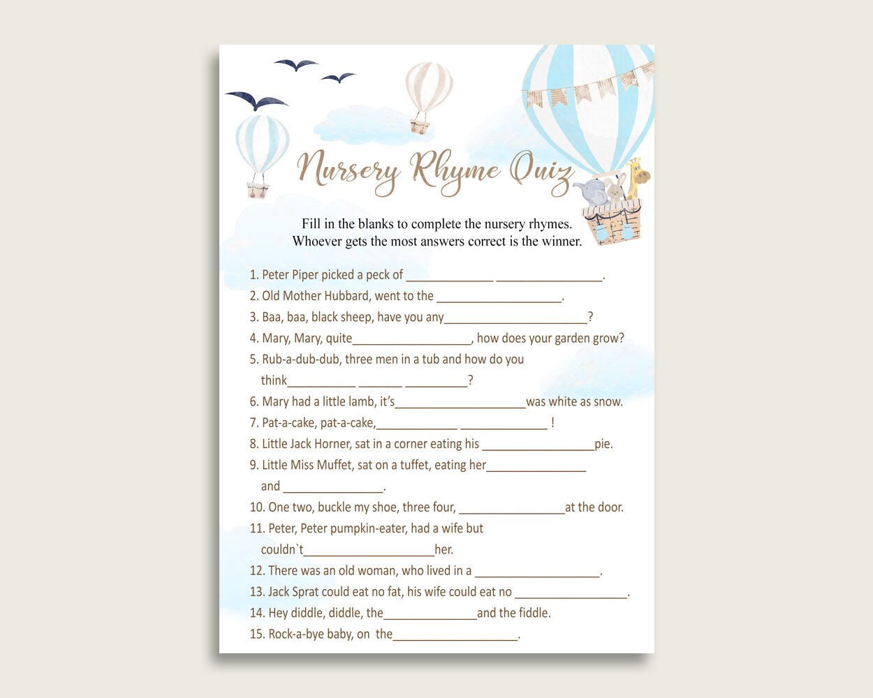 Hot Air Balloon Nursery Rhyme Quiz Printable Blue White picture