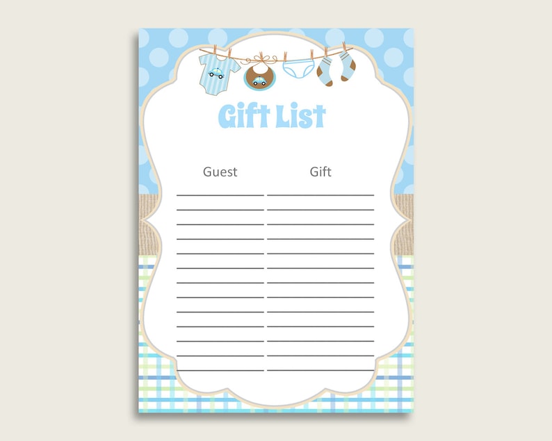 Clothes Baby Shower Gift List, Blue Beige Gift List Printable, Boy Baby