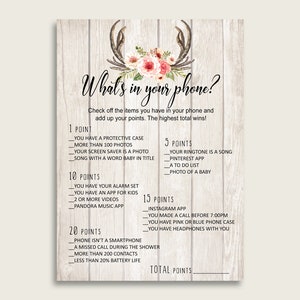 Beige Pink What&#39;s In Your Phone Game, Boho Antlers Baby Shower Girl, What&#39;s In Your Cell Phone Printable, Instant Download, 9PUAC