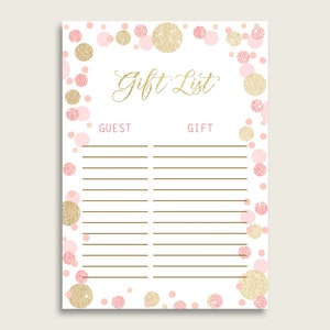 Dots Baby Shower Gift List, Pink Gold Gift List Printable, Girl Baby Shower Gift Checklist Sheet, Instant Download, Polka Dots RUK83