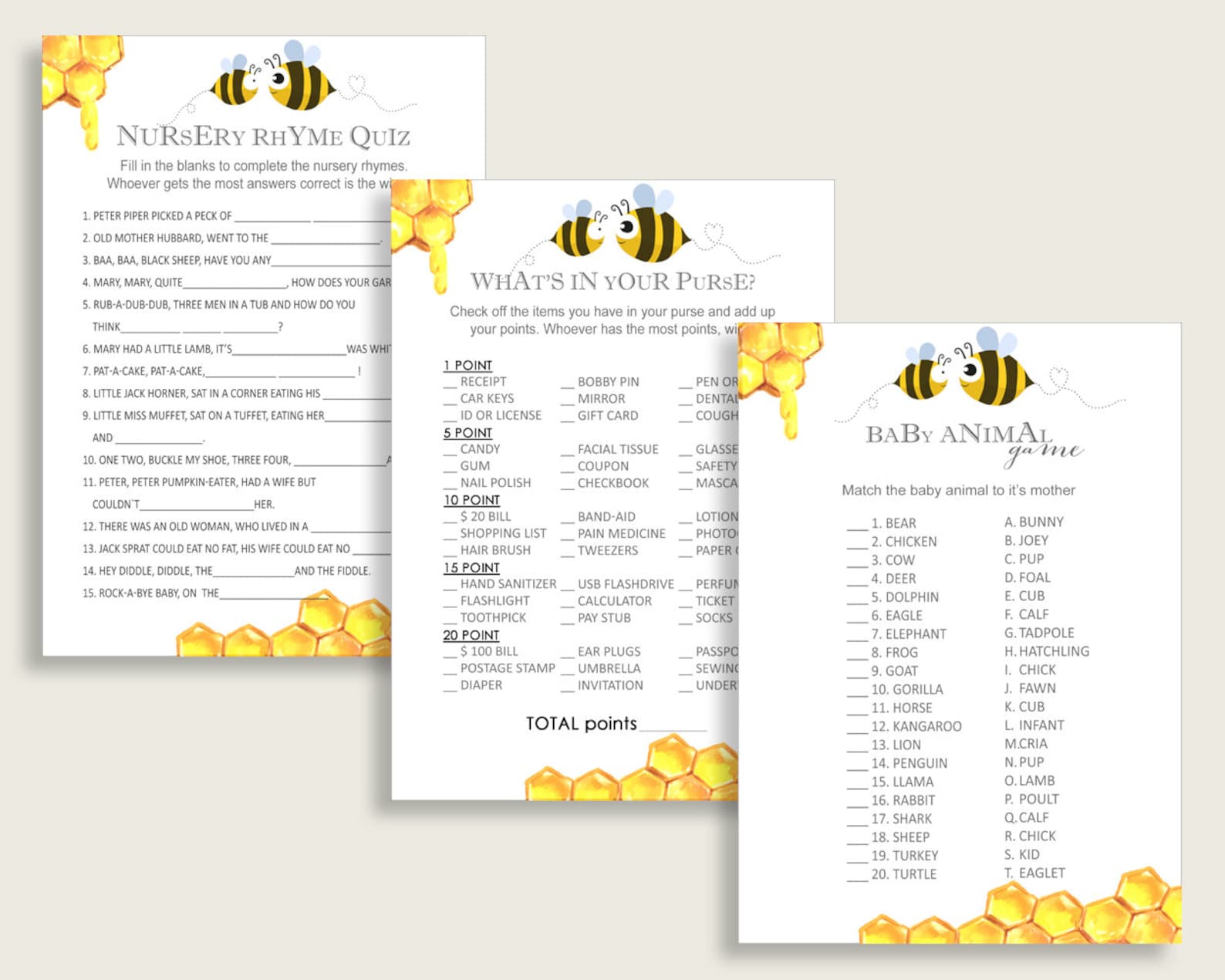 Bee Baby Shower Games Printable Pack Yellow White Baby Shower - Etsy