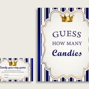 Blue Gold Candy Guessing Game, Royal Prince Baby Shower Boy Sign And Cards, Guess How Many Candies, Candy Jar Game, Jelly Beans rp001