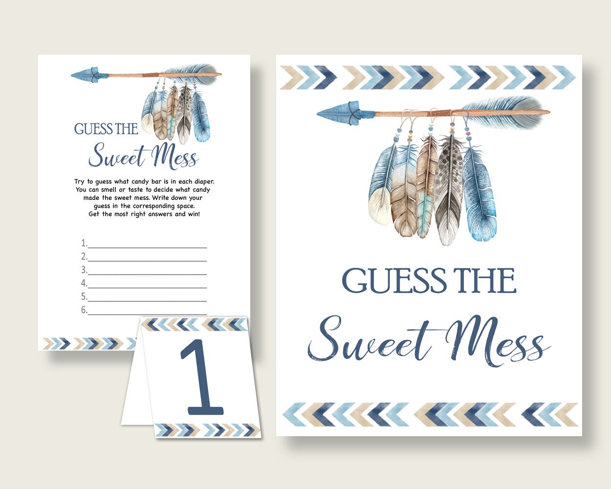 Tribal Arrows Guessing Game Baby Shower Boy, Blue Beige Guess The Sweet Mess Game Printable, Dirty Diaper Game, Instant Download, QAQ18