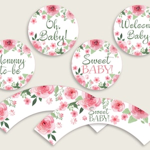 Watercolor Flowers Cupcake Toppers, Pink Green Cupcake Wrappers, Toppers Wrappers Baby Shower Girl, Instant Download, Romantic Floral flp01