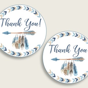 Tribal Arrows Baby Shower Round Thank You Tags 2 inch Printable, Blue Beige Favor Gift Tags, Boy Shower Hang Tags Labels, Digital File QAQ18