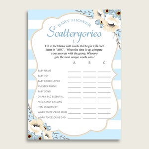 Scattergories Baby Douche Strepen Thema, Blauw Wit Scattergories Spel Afdrukbaar, Jongen Baby Douche Leuke Activiteit, Bloemen Elegante Glam bs002