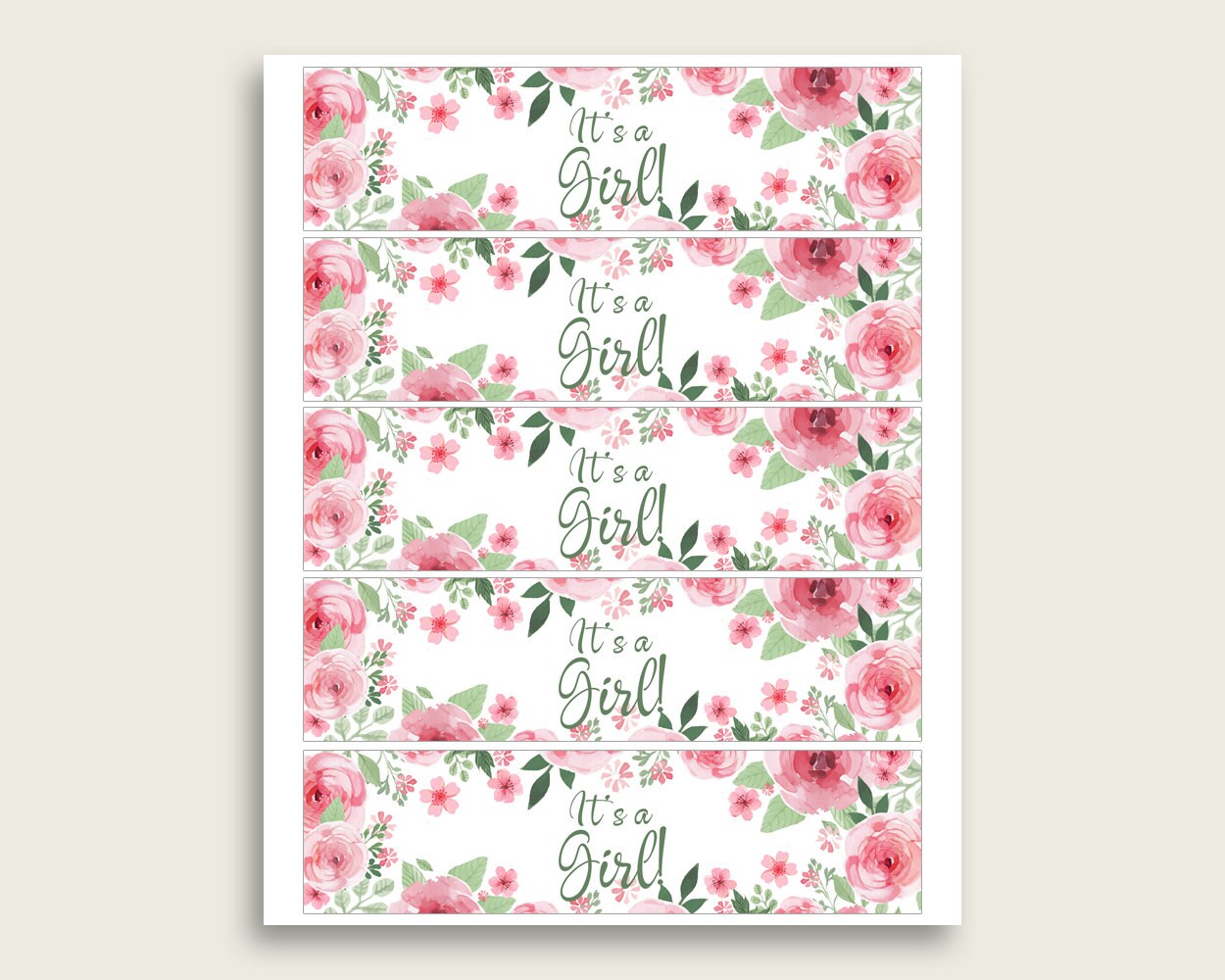 Pink Green Water Bottle Labels Printable Watercolor Flowers | Etsy