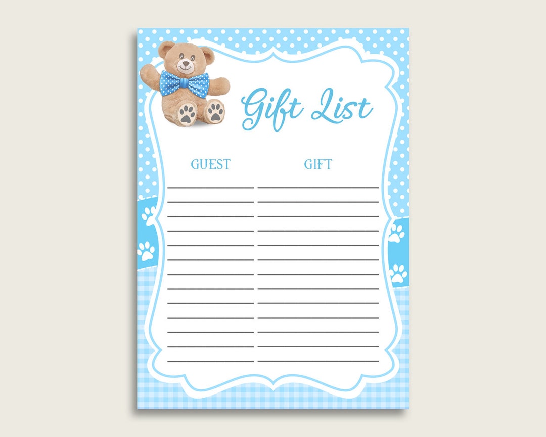 Teddy Bear Baby Shower Gift List, Blue Brown Gift List Printable, Boy