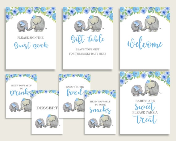 Elephant Blue Baby Shower Boy Table Signs Printable, Blue Gray Party Table Decor, Favors, Food, Drink, Treat, Guest Book, Instant ebl01 Il_570xn