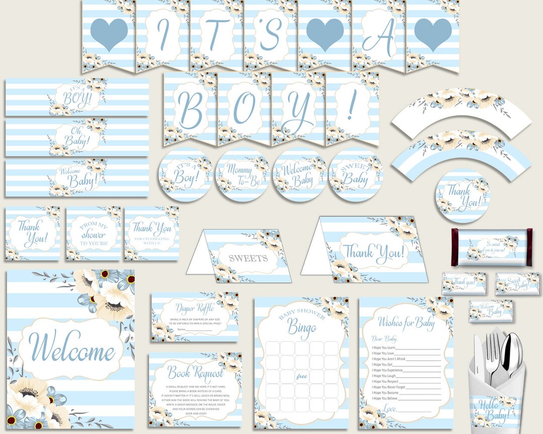 Blue White Baby Shower Decorations Boy Kit Stripes Baby Etsy
