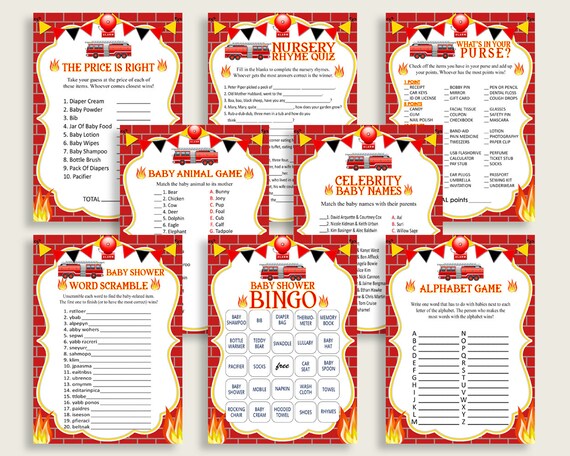 Firetruck Baby Shower Games Printable Pack, Red Yellow Baby Shower Games Package Boy, Firetruck Games Bundle Set, Instant Download LUWX6 Il_570xn