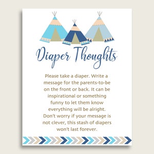 Tribal Teepee Baby Shower Diaper Thoughts Printable, Boy Blue Beige Late Night Diaper Sign, Words For Wee Hours, Write On Diaper KS6AW