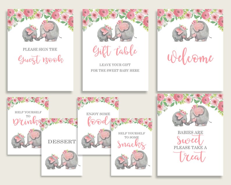 Pink Elephant Baby Shower Girl Table Signs Printable Pink Etsy