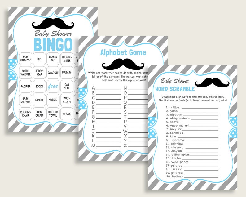 Mustache Baby Shower Games Printable Pack Blue Gray Baby - Etsy