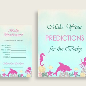 Sous les cartes de prédiction de douche de bébé mer & signe imprimable, rose vert bébé jeu de prédiction fille, téléchargement immédiat, créatures de la mer uts01