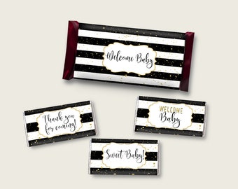 Stripes Hershey Candy Bar Wrapper Printable, Black Gold Chocolate Bar Wrappers, Gender Neutral Shower Candy Labels, Instant Download, bs001