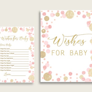 Auguri in oro rosa per biglietti e cartelli per bambini, Dots Baby Shower Girl Well Wishes Gioco stampabile, Download istantaneo, Blush Pink Glitter Baby RUK83
