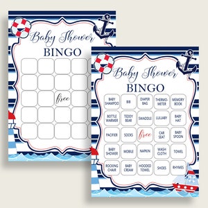 Carte da bingo per baby shower nautiche stampabili, blu rosso baby shower ragazzo, 60 carte da gioco preriempite per bingo, navy blue sailor lifesaver boat DHTQT