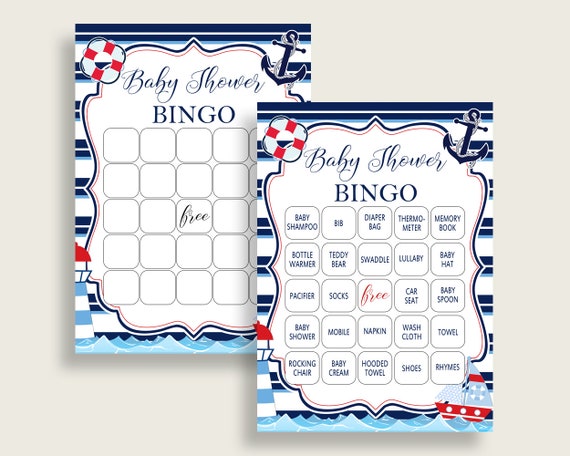 Nautical Baby Shower Bingo Cards Printable, Blue Red Baby Shower Boy, 60 Prefilled Bingo Game Cards, Navy Blue Sailor Lifesaver Boat DHTQT Il_570xn