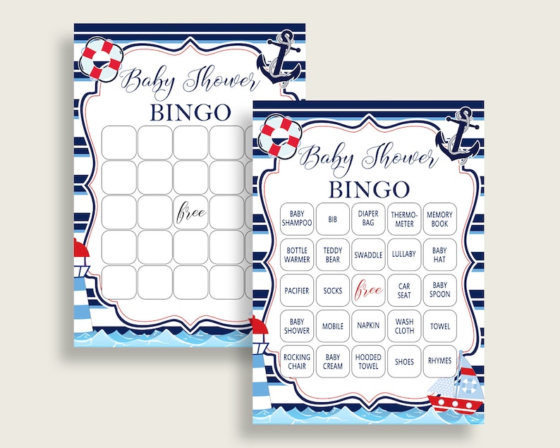 Nautical Baby Shower Bingo Cards Printable Blue Red Baby | Etsy