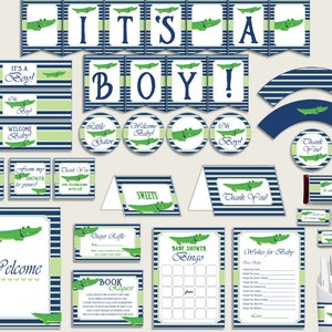 Blue Green Baby Shower Decorations Boy Kit, Alligator Baby Shower Party Package Printable, Instant Download, Navy Blue Croc Gator ap002