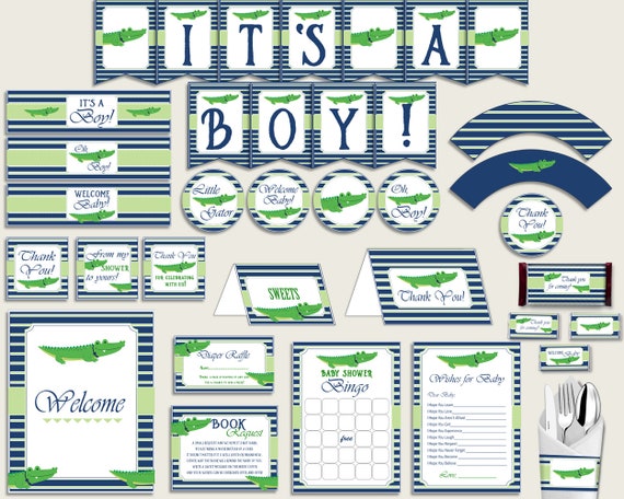 Blue Green Baby Shower Decorations Boy Kit, Alligator Baby Shower Party Package Printable, Instant Download, Navy Blue Croc Gator ap002 Il_570xn