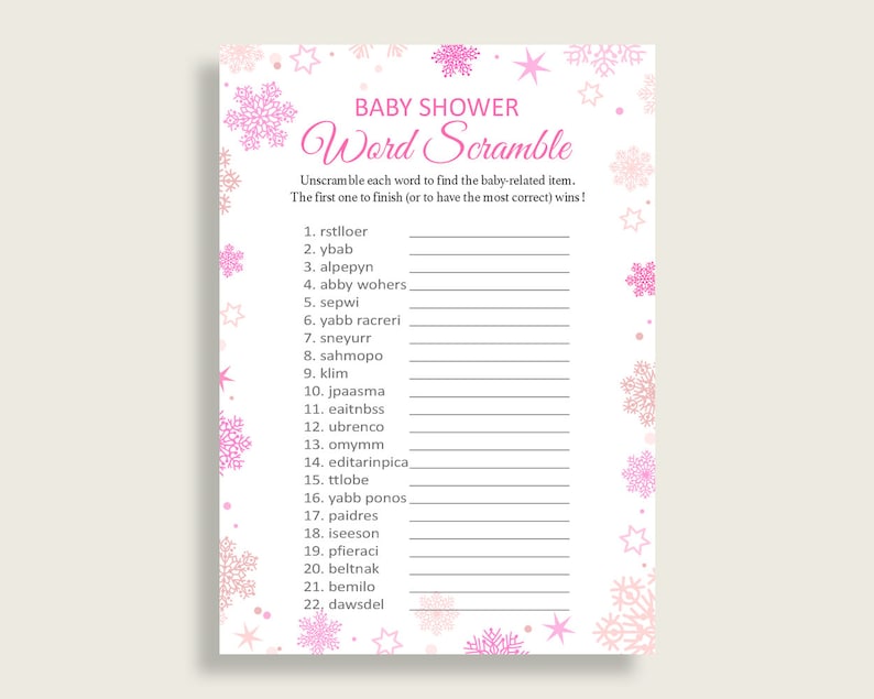 Word Scramble Baby Shower Winter Girl Pink White Party Decor 74rvx